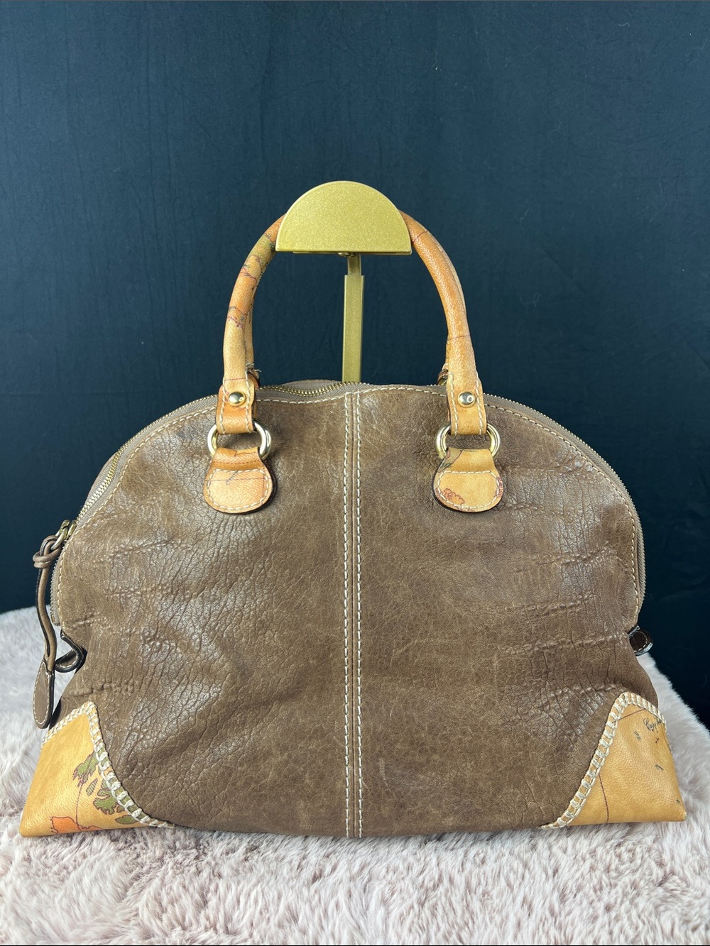 Alviero Martini 1ª Classe Geo Map Leather Bauletto Satchel Large Made in Italy